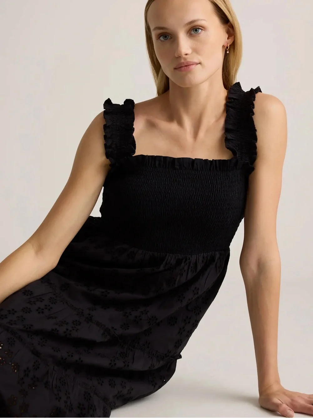 Quince Black Eyelet Smocked Midi Dress